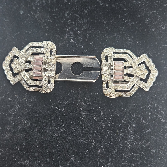 Vintage Art Deco Rhinestone Duette Brooch | Convertible Dress Clips | 1930s–40s - Picture 2 of 7